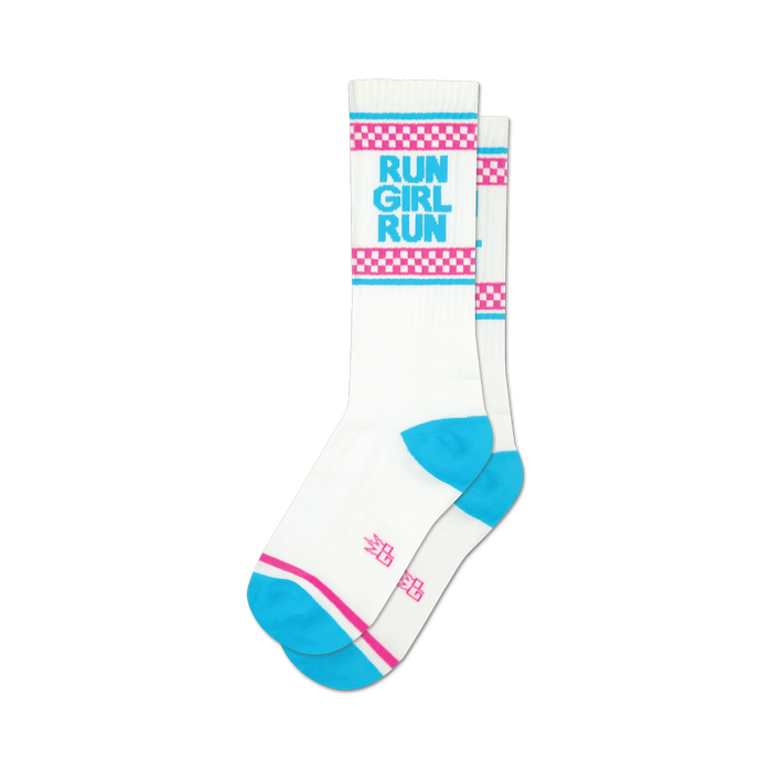 a pair of white socks with the words 'run girl run' in blue and pink, with blue toes and heels and pink and light blue stripes at the top.