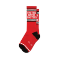 Pair of red crew socks with a black and white checkered racing stripe and the phrase 'Faster Bitch Faster' in white lettering.