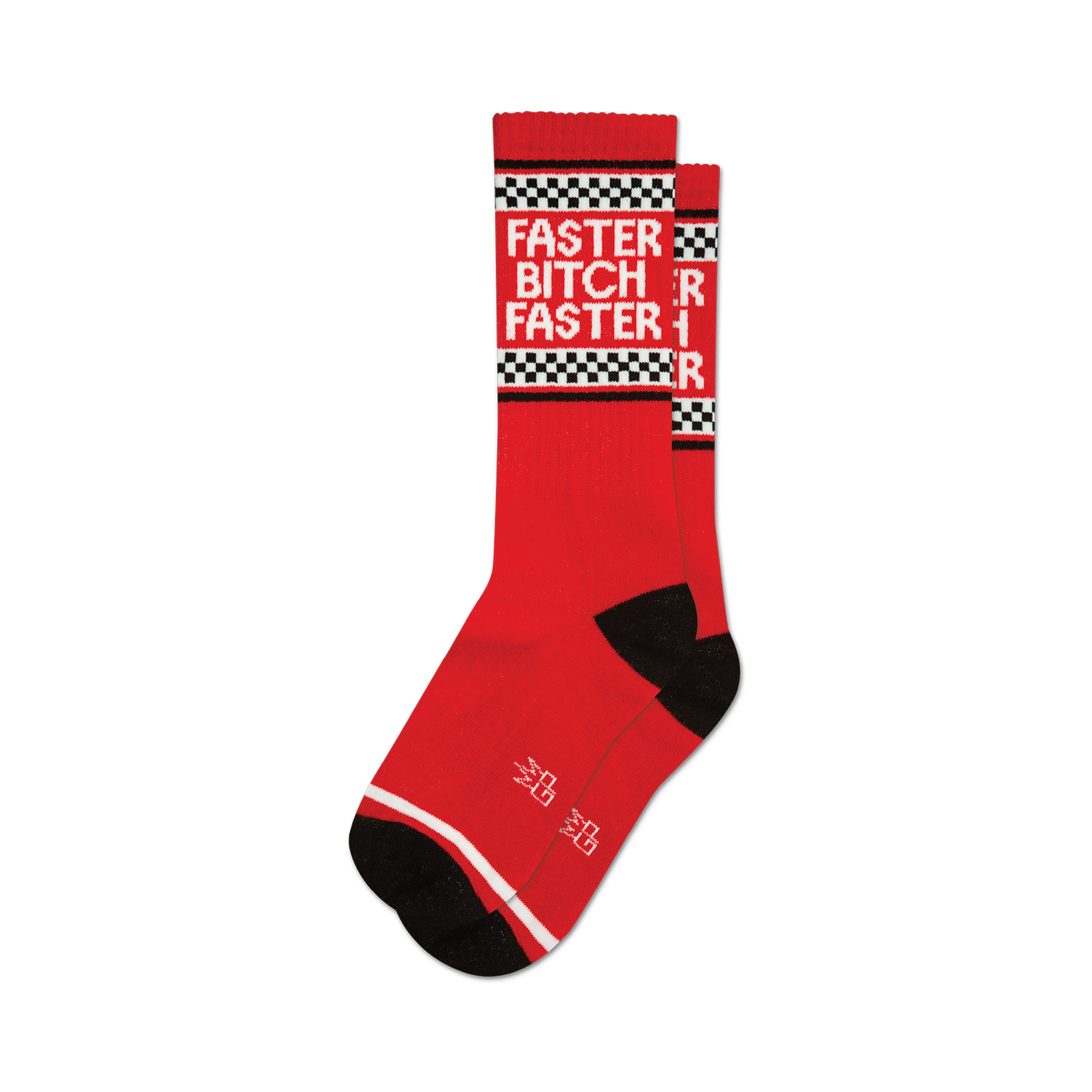 Pair of red crew socks with a black and white checkered racing stripe and the phrase 'Faster Bitch Faster' in white lettering.