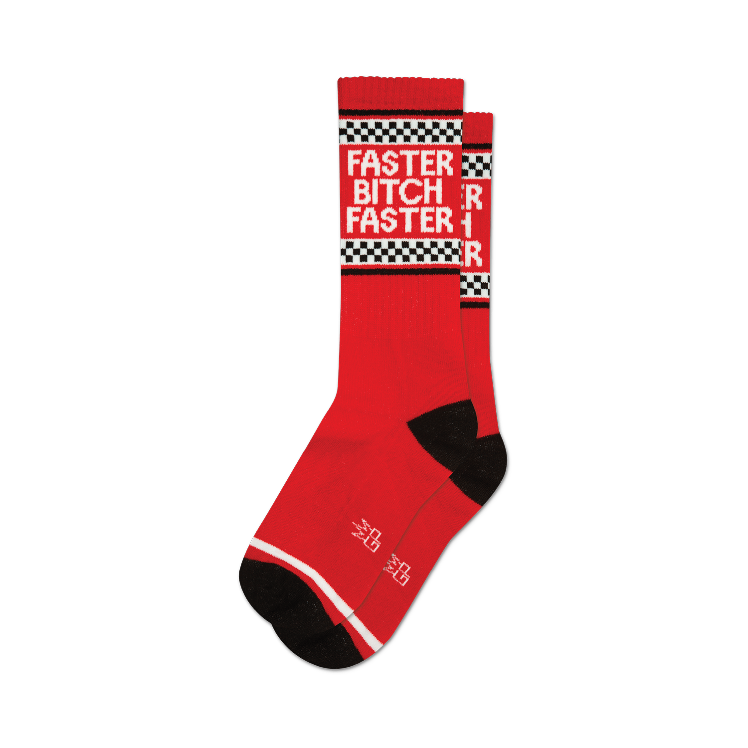 Pair of red crew socks with a black and white checkered racing stripe and the phrase 'Faster Bitch Faster' in white lettering.