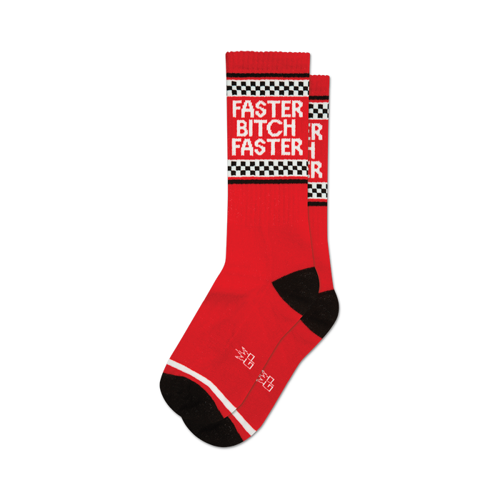 a pair of red socks with black toes, heels, and cuffs. the word 'faster' is printed in large white letters on the front of each sock, and the word 'bitch' is printed in smaller white letters underneath. a checkered flag pattern is printed in black and white above the word 'faster'. }}