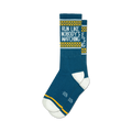Pair of teal crew socks with yellow and white checkerboard stripes at the top and the phrase 'Run Like Nobody's Watching' in white text.