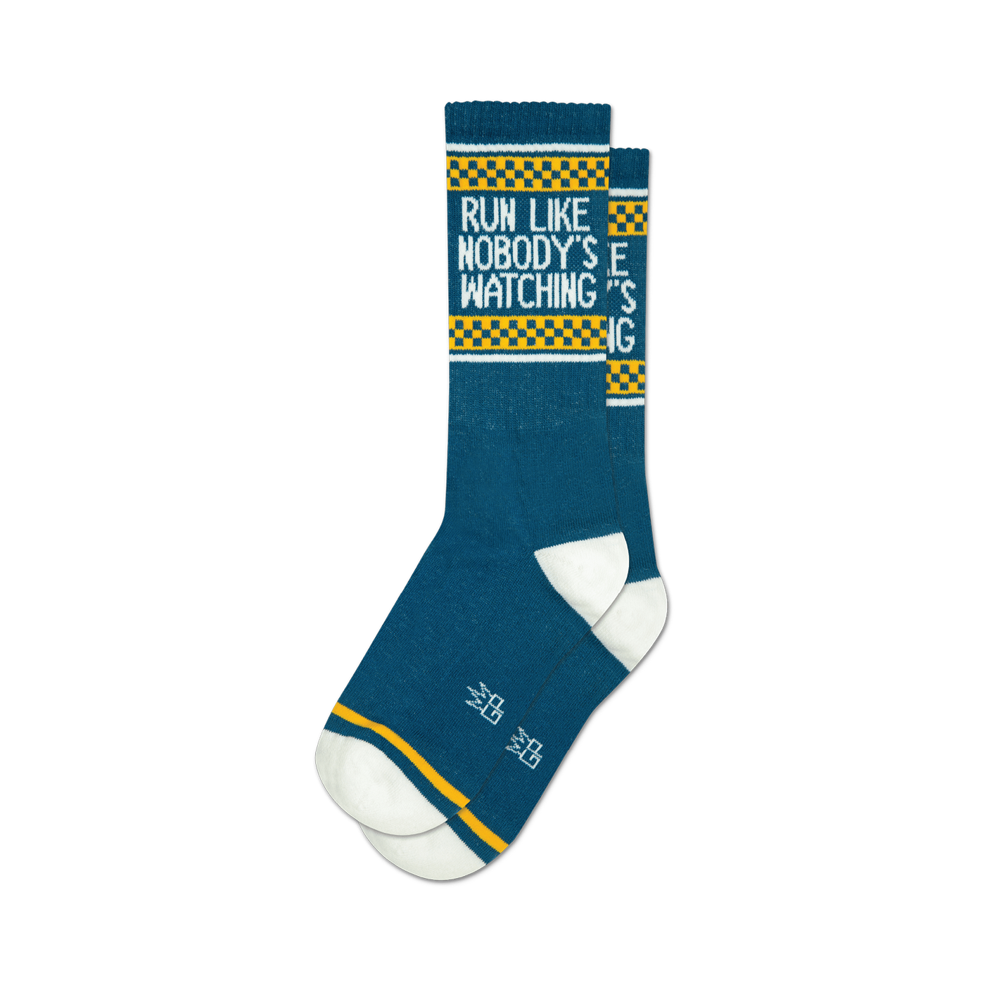 Pair of teal crew socks with yellow and white checkerboard stripes at the top and the phrase 'Run Like Nobody's Watching' in white text.