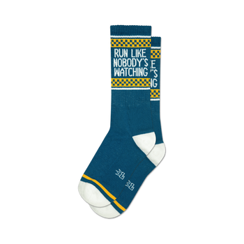 socks that are dark blue with white toes and heels. they have yellow and white stripes at the top and the words 'run like nobody's watching' in yellow letters on the front. the socks also have the chinese characters for 'run like nobody's watching' on the bottom.