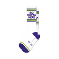 Pair of white crew socks with purple and lime green details. Checkered stripes and 'So Outta Here' text are featured on the socks.