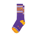 Pair of purple crew socks with orange and white accents. Features a 'Fucking Hustle' graphic and a checkered racer stripe.