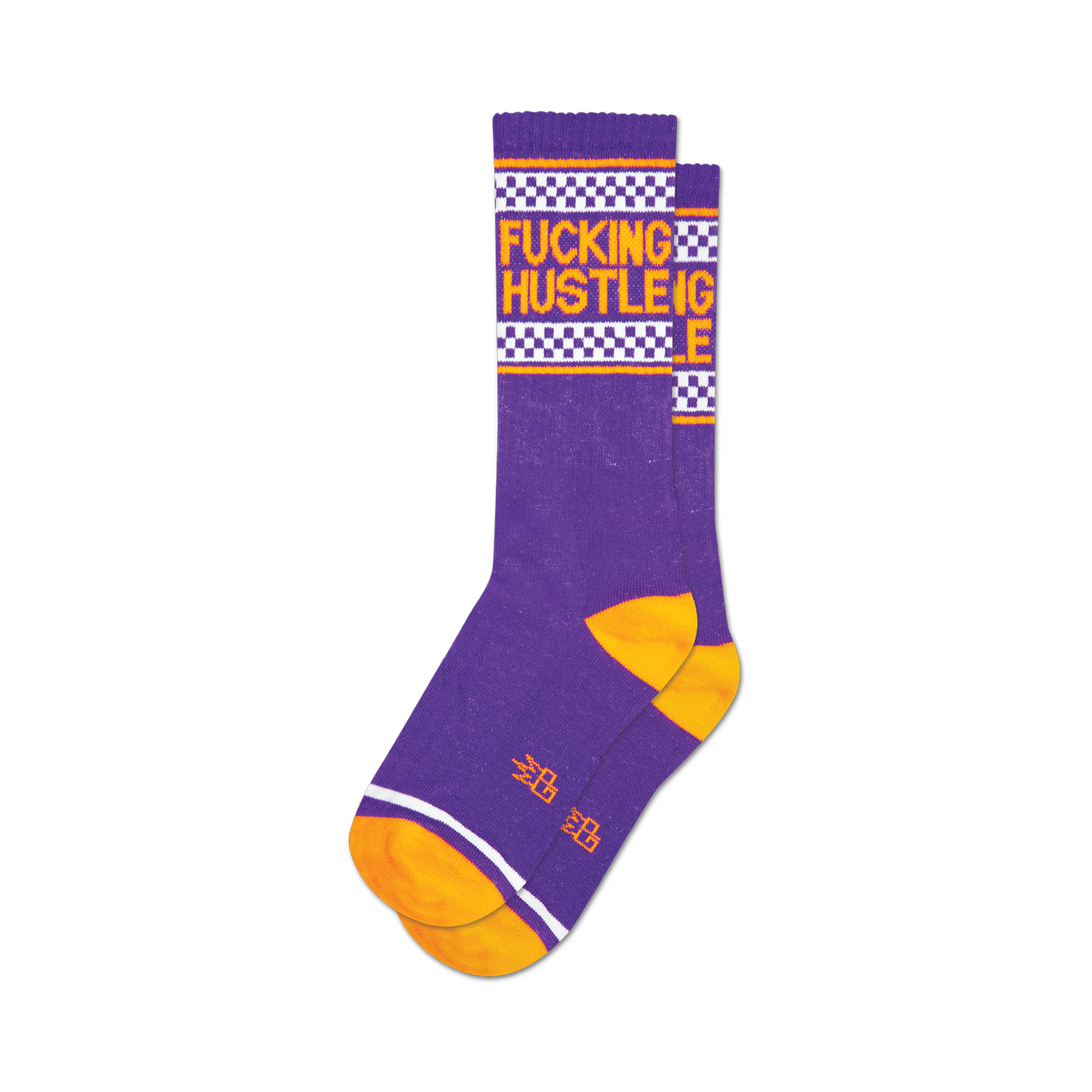 Pair of purple crew socks with orange and white accents. Features a 'Fucking Hustle' graphic and a checkered racer stripe.