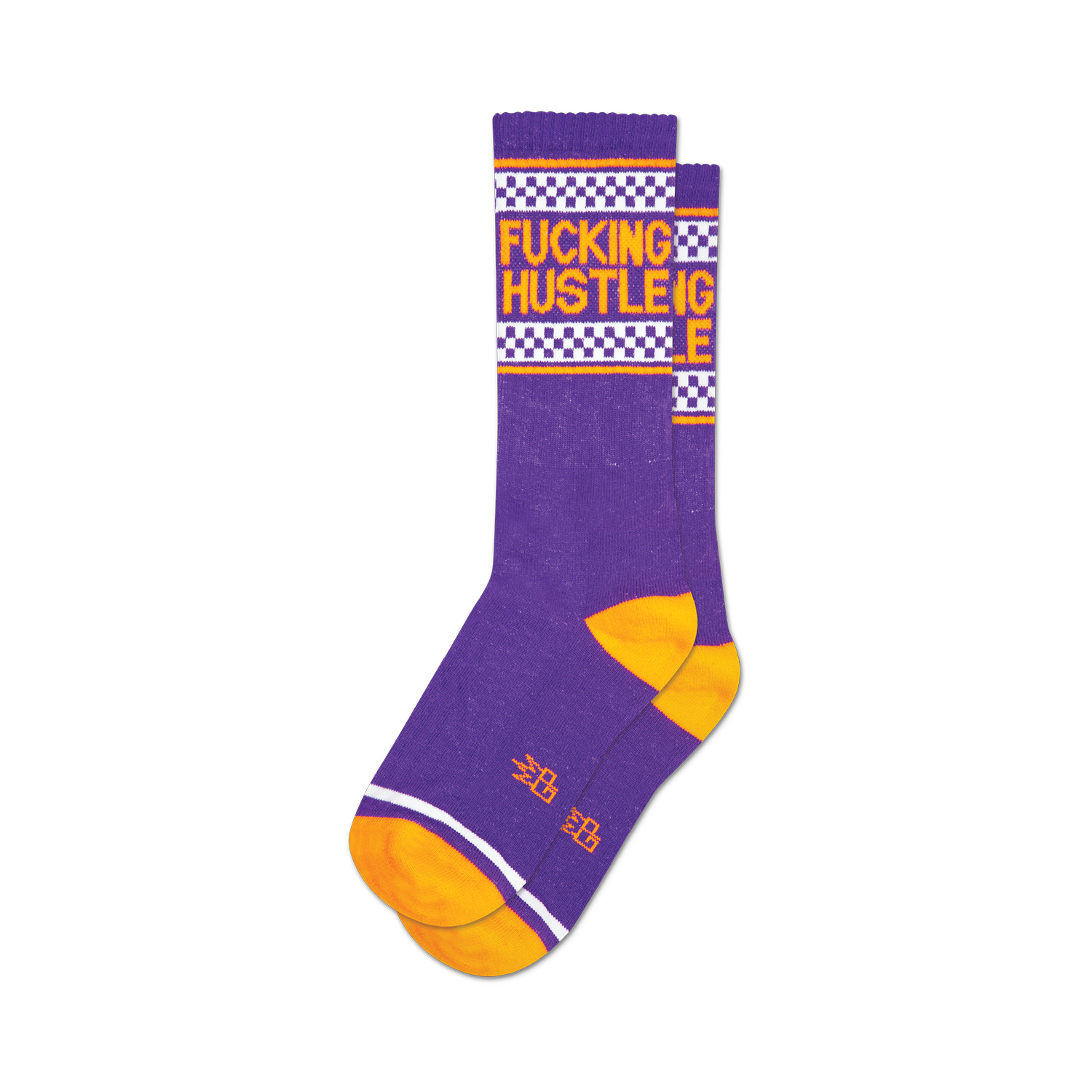 Pair of purple crew socks with orange and white accents. Features a 'Fucking Hustle' graphic and a checkered racer stripe.