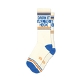 Pair of off-white crew socks with blue and orange stripes. Text reads 'Darn It All To Heck'.
