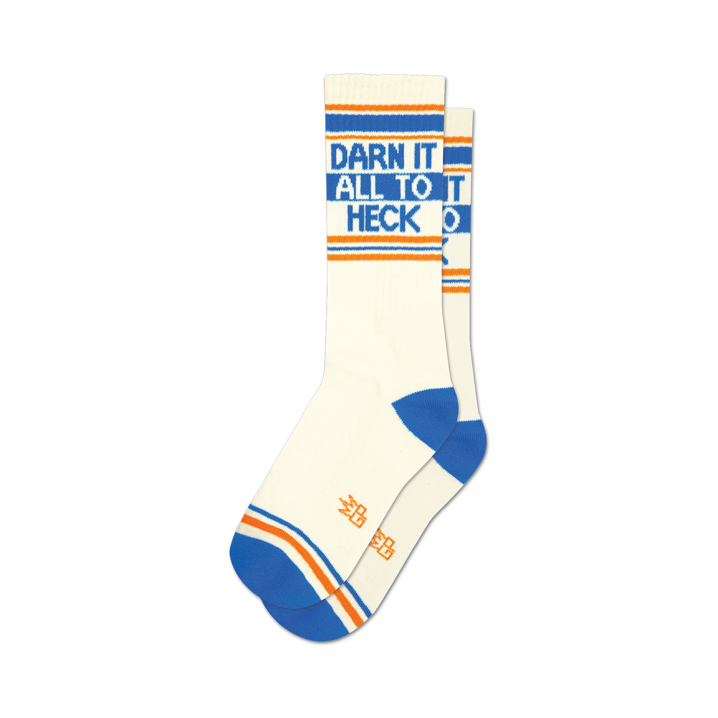 Pair of off-white crew socks with blue and orange stripes. Text reads 'Darn It All To Heck'.