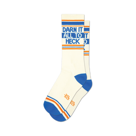 a pair of white socks with the words 'darn it all to heck' in blue and orange.