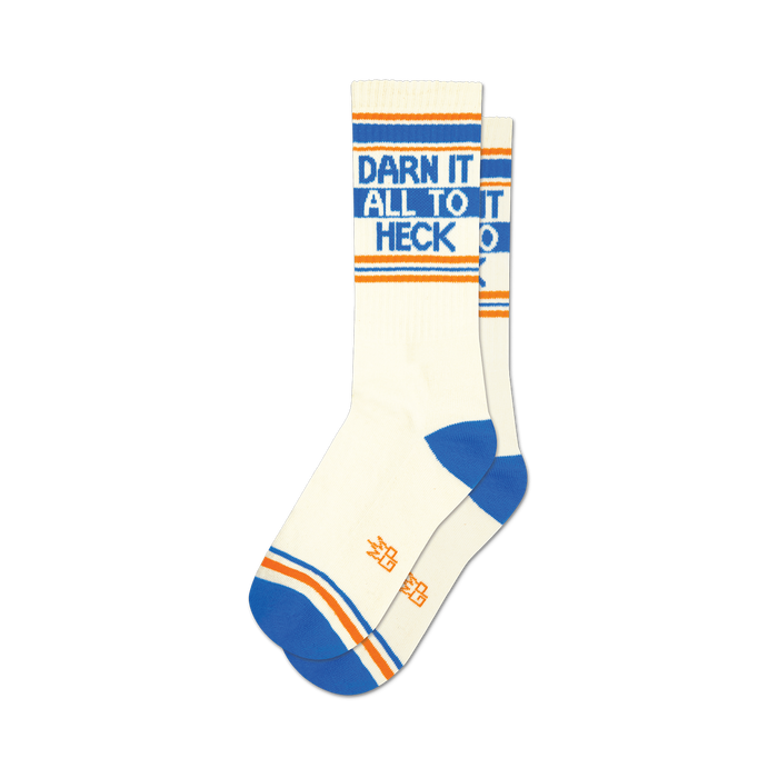 a pair of white socks with the words 'darn it all to heck' in blue and orange. }}
