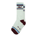 Pair of off-white crew socks with maroon and light blue stripes and the acronym "DILF" embroidered on the leg.