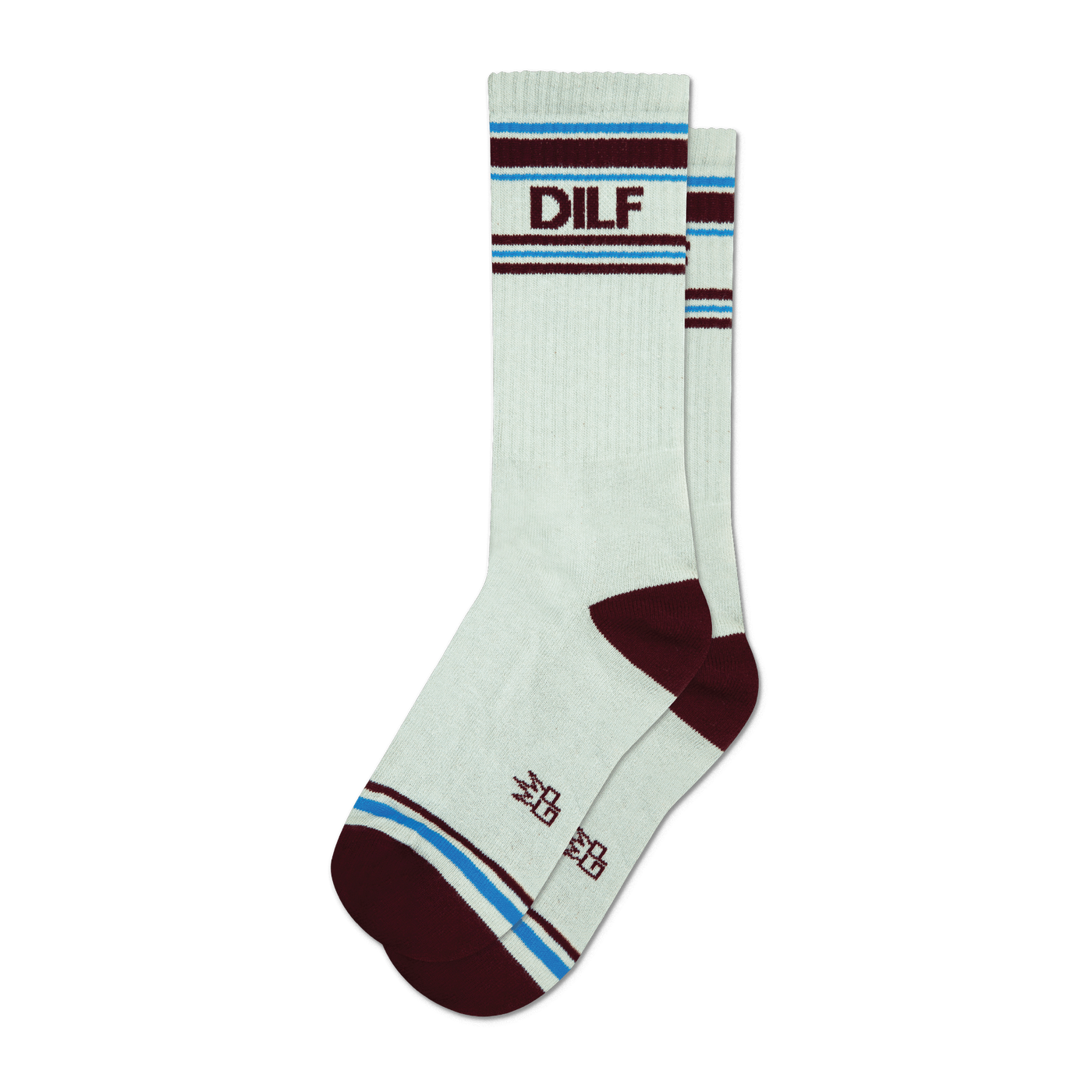 Pair of off-white crew socks with maroon and light blue stripes and the acronym "DILF" embroidered on the leg.