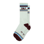 Pair of off-white crew socks with maroon and light blue stripes and the acronym "DILF" embroidered on the leg.