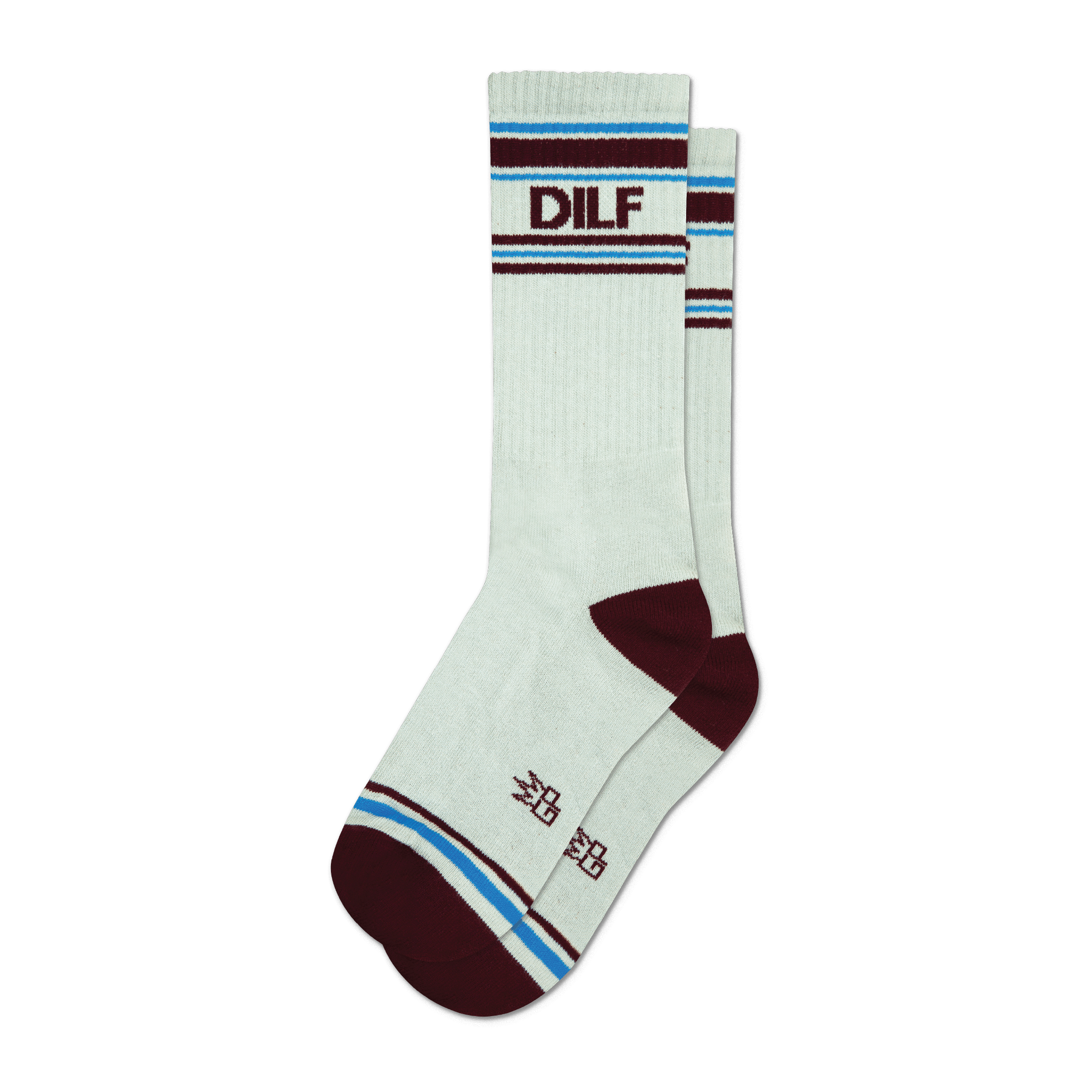 Pair of off-white crew socks with maroon and light blue stripes and the acronym "DILF" embroidered on the leg.