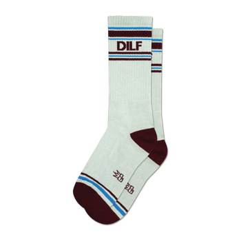 Pair of off-white crew socks with maroon and light blue stripes and the acronym "DILF" embroidered on the leg.