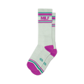 Pair of off-white crew socks with fuchsia and teal stripes.  'MILF' is printed on the socks in fuchsia.