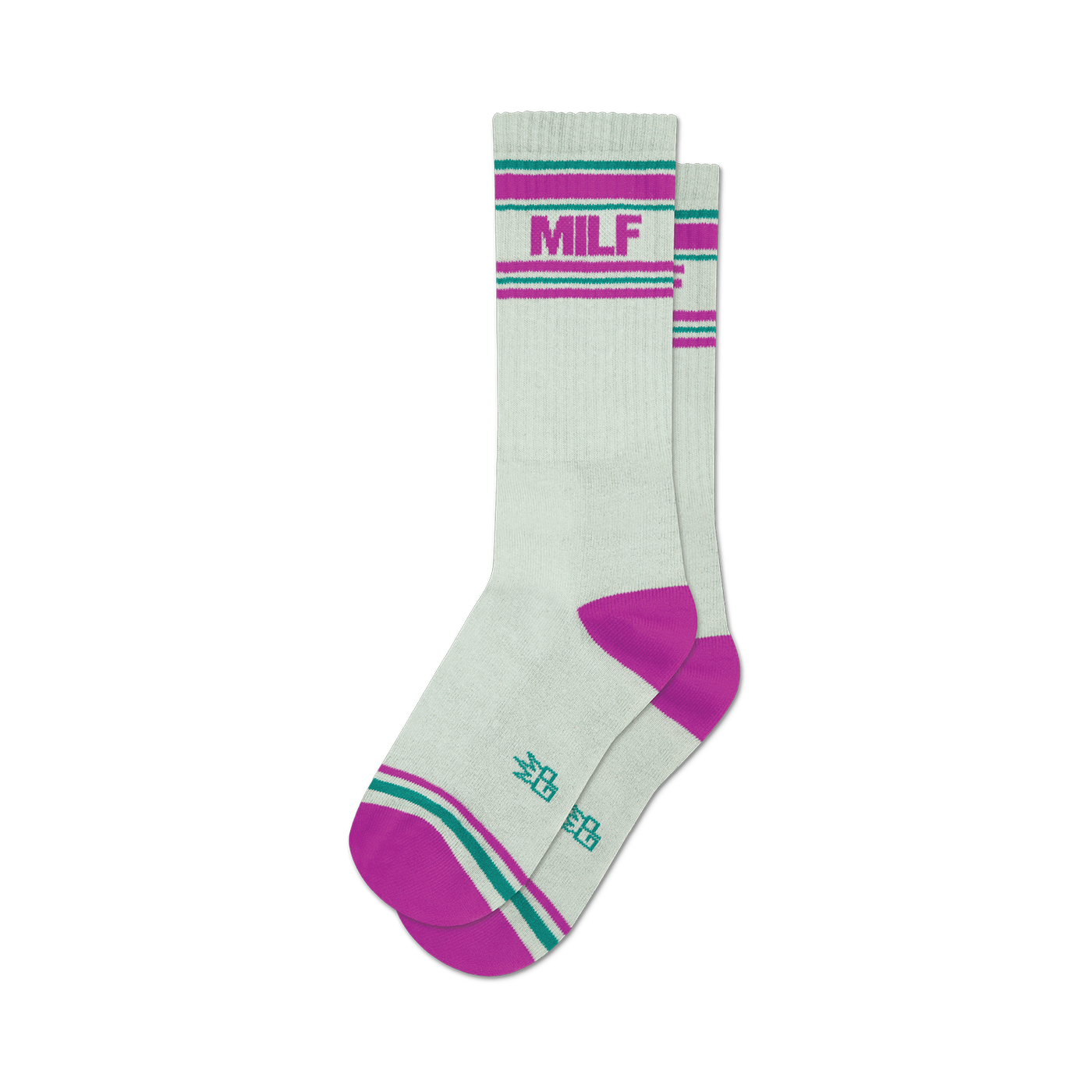 Pair of off-white crew socks with fuchsia and teal stripes.  'MILF' is printed on the socks in fuchsia.