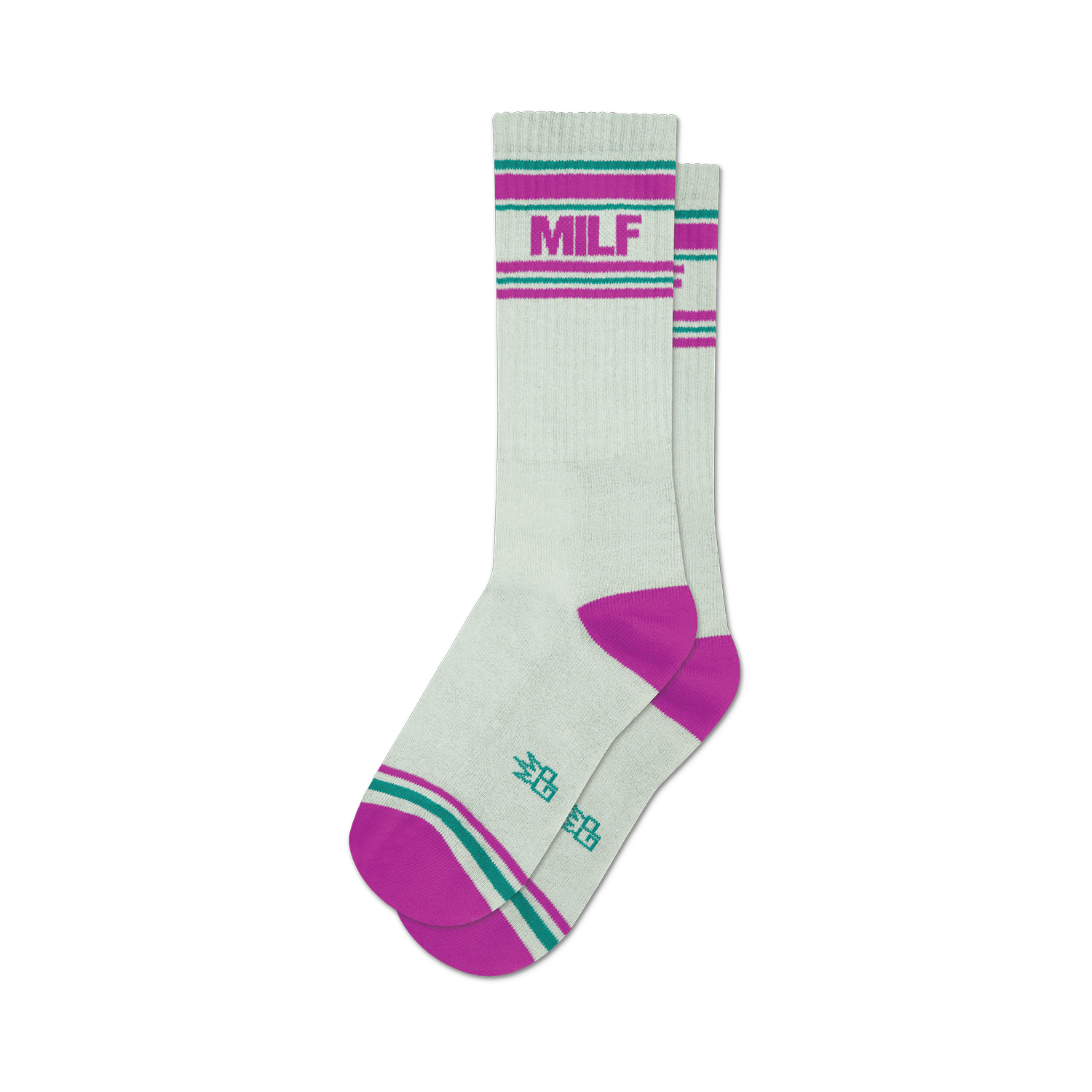 Pair of off-white crew socks with fuchsia and teal stripes.  'MILF' is printed on the socks in fuchsia.