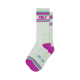 socks that are white with a pink and green stripe at the top and a pink toe and heel. the word 'milf' is written in large purple letters on the front of each sock.