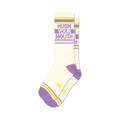 Pair of white crew socks with purple and yellow stripes.  Text 'Hush Your Mouth' is displayed on the socks in purple.