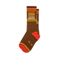 Pair of brown crew socks with orange and yellow stripes and repeating 'Chicken Nuggets' text.
