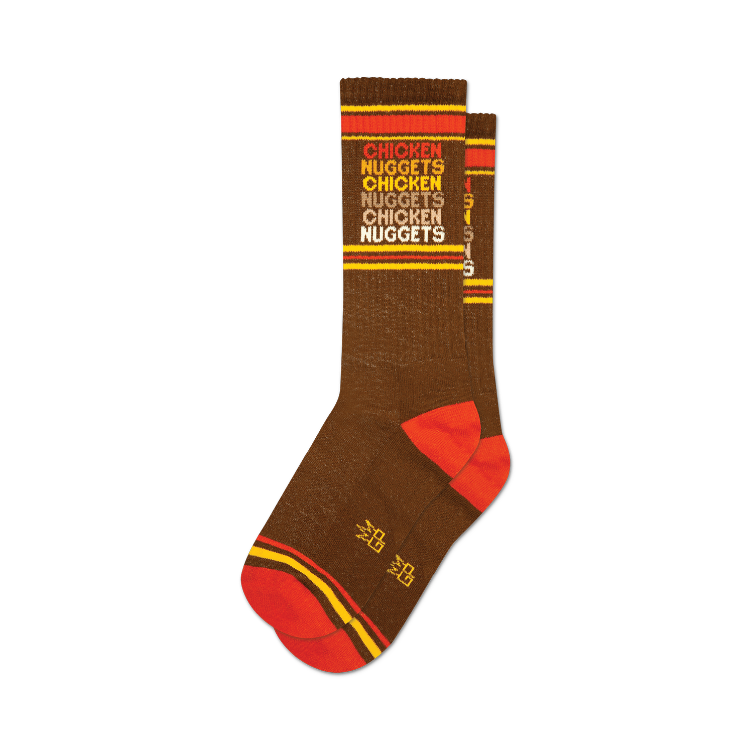 Pair of brown crew socks with orange and yellow stripes and repeating 'Chicken Nuggets' text.