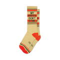 Pair of beige crew socks with orange and green stripes and the phrase 'My Farts Don't Stink' in dark text.