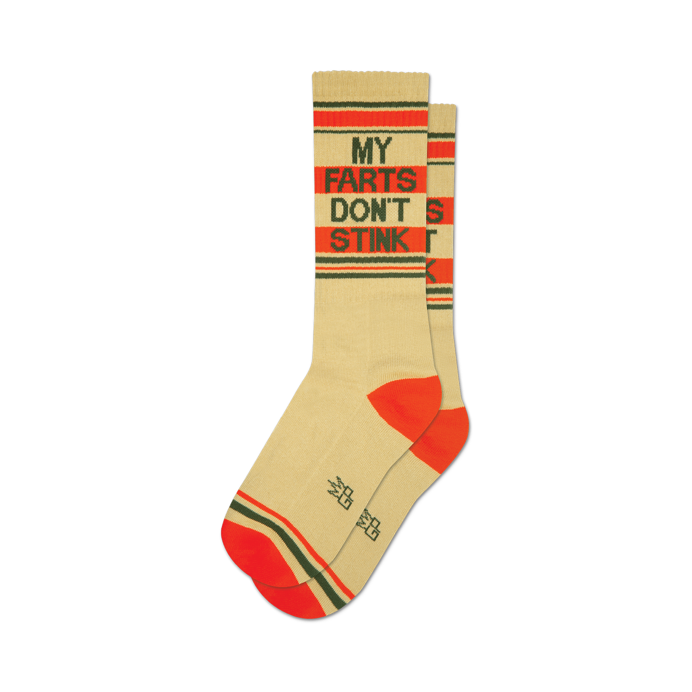 Pair of beige crew socks with orange and green stripes and the phrase 'My Farts Don't Stink' in dark text.