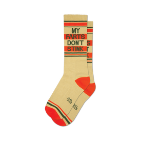 socks that are cream-colored with red and green stripes at the top and bottom. the words 'my farts don't stink' are written in the middle of each sock in brown and green.