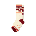 Pair of cream crew socks with burgundy and orange stripes and the phrase 'See You In Hell' in burgundy lettering.