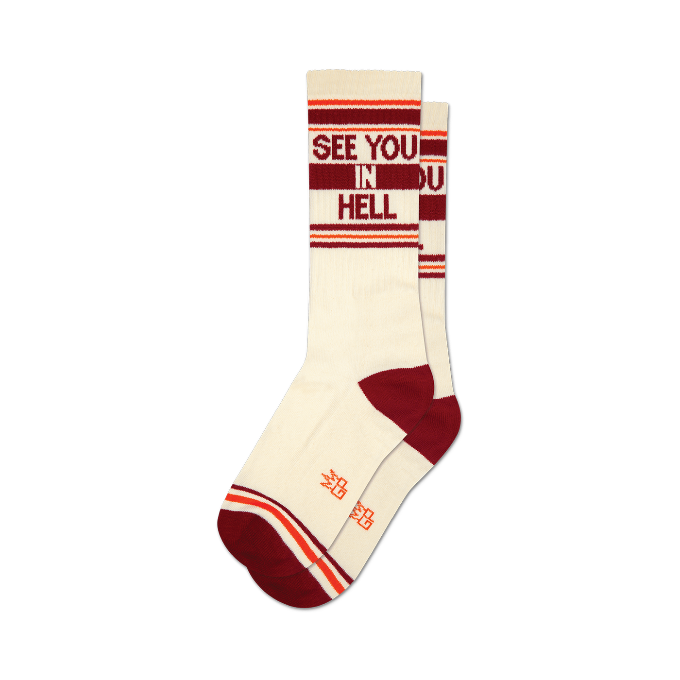 Pair of cream crew socks with burgundy and orange stripes and the phrase 'See You In Hell' in burgundy lettering.