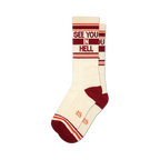 Pair of cream crew socks with burgundy and orange stripes and the phrase 'See You In Hell' in burgundy lettering.