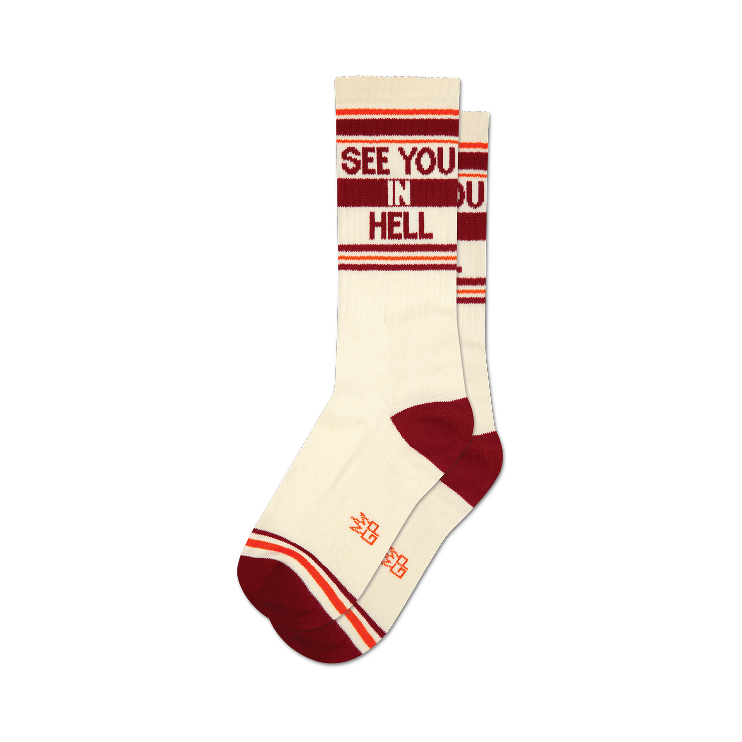 Pair of cream crew socks with burgundy and orange stripes and the phrase 'See You In Hell' in burgundy lettering.