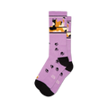 Lavender crew socks featuring a calico cat design and black paw prints. Black heel and toe.