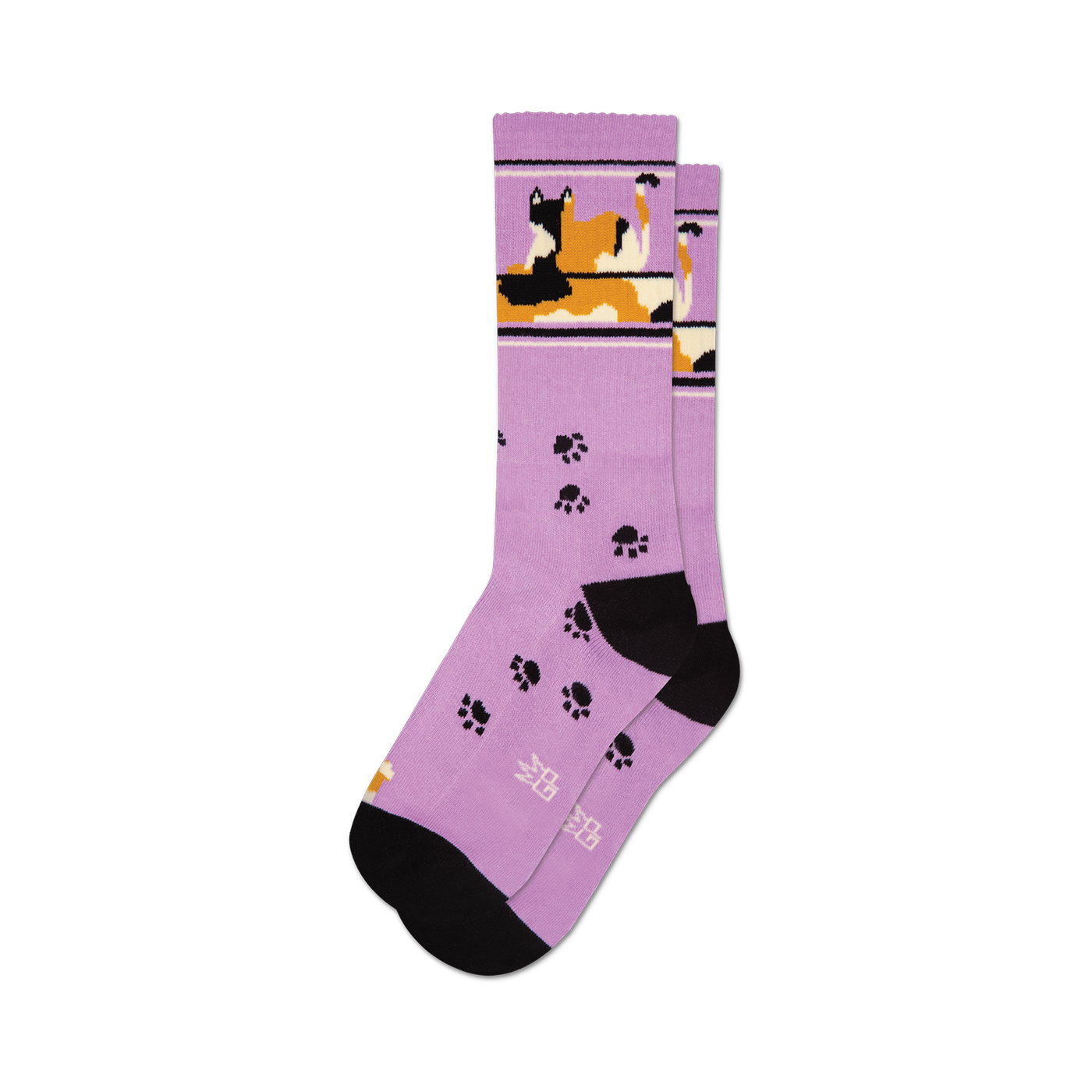 Lavender crew socks featuring a calico cat design and black paw prints. Black heel and toe.
