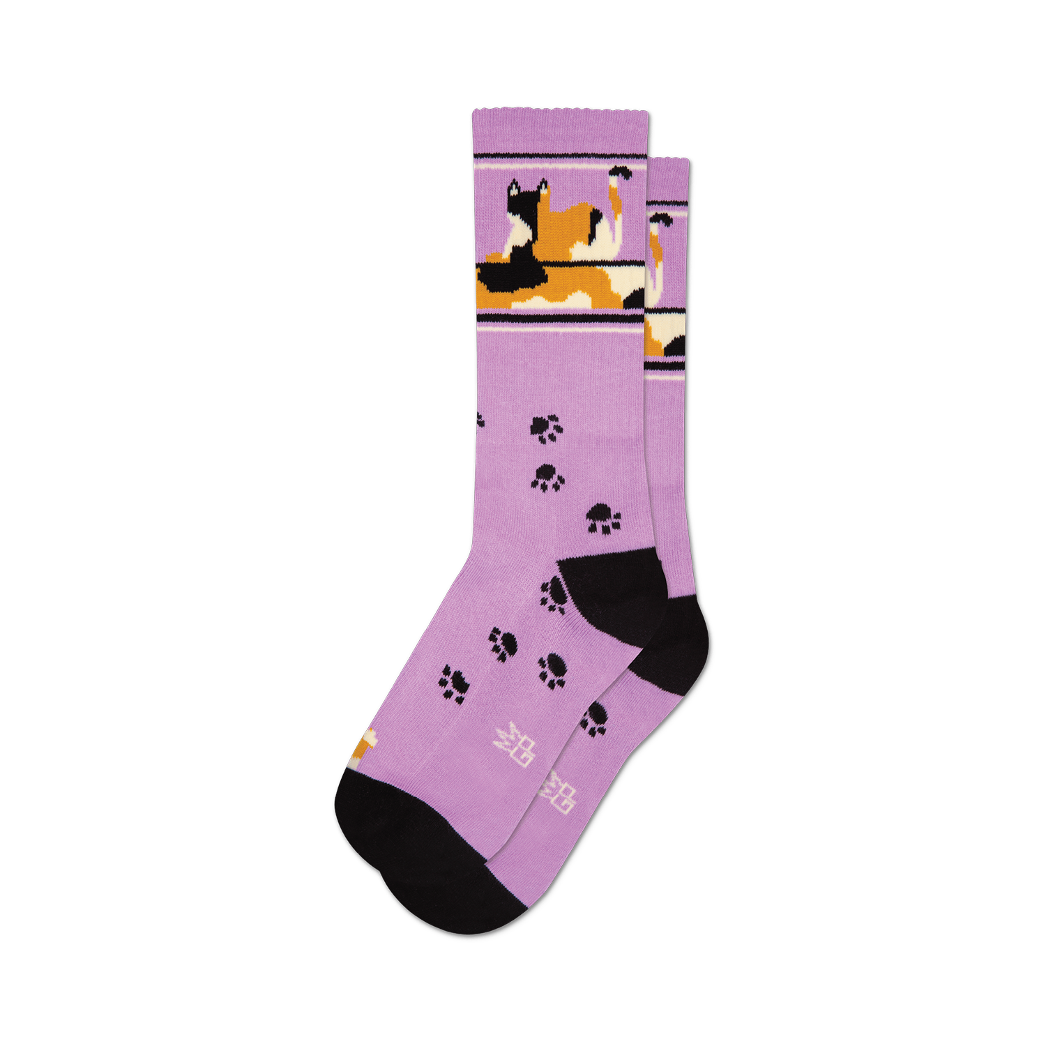 Lavender crew socks featuring a calico cat design and black paw prints. Black heel and toe.