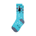 A pair of teal crew socks with a black tuxedo cat design and white paw prints. Gray accents at the cuff and sole.