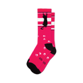 Pair of pink crew socks featuring a black cat scratching design and white paw prints.  White stripes accent the top.