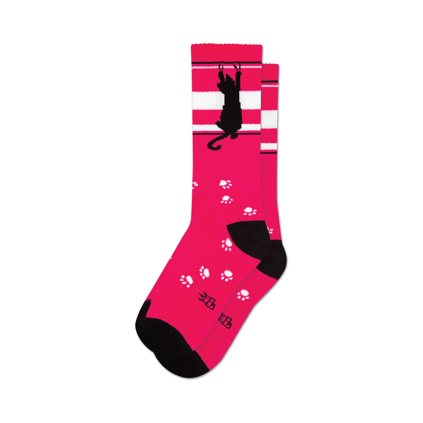 Pair of pink crew socks featuring a black cat scratching design and white paw prints.  White stripes accent the top.