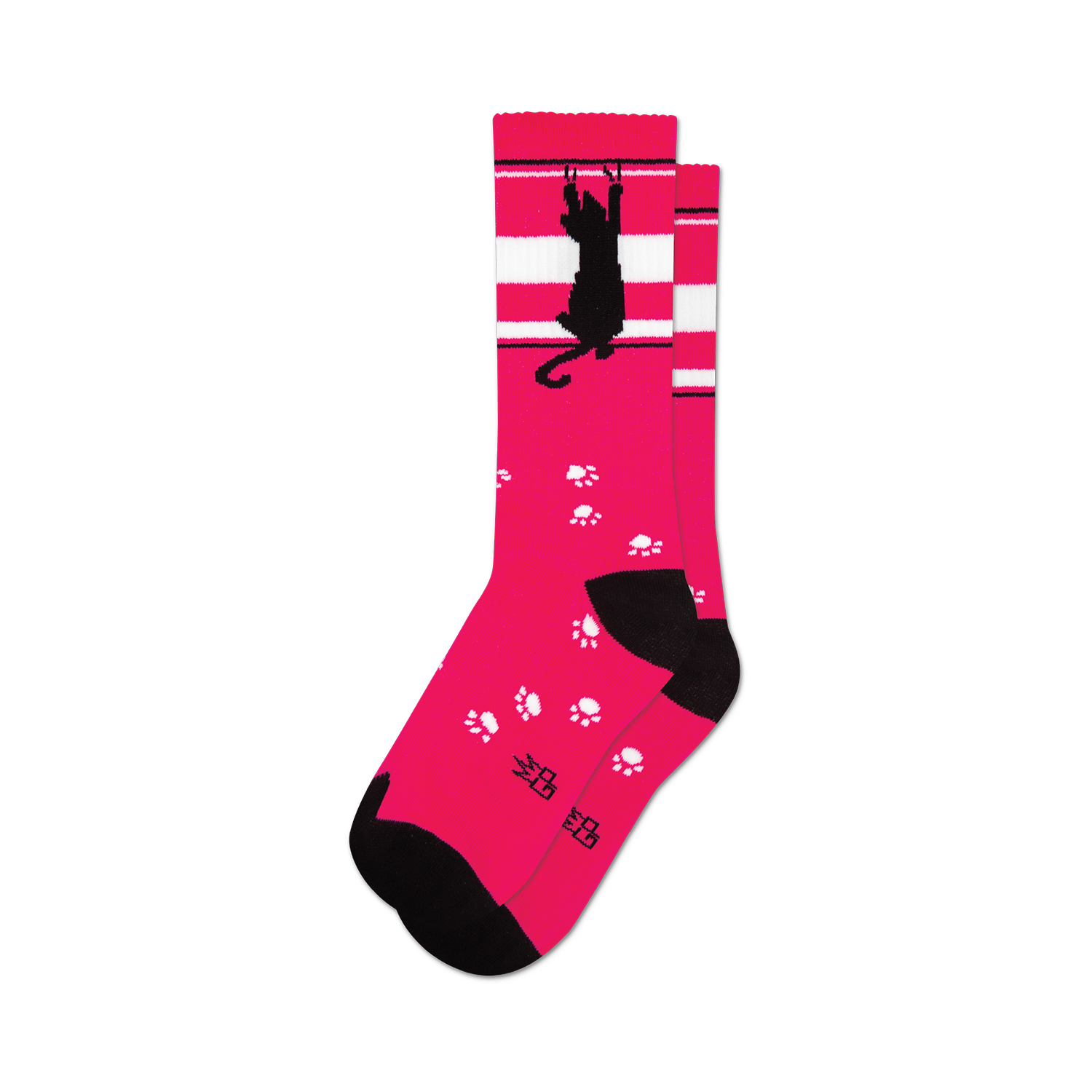 Pair of pink crew socks featuring a black cat scratching design and white paw prints.  White stripes accent the top.