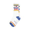 Pair of white crew socks with blue, yellow, and red stripes and an 'I heart country music' graphic. 