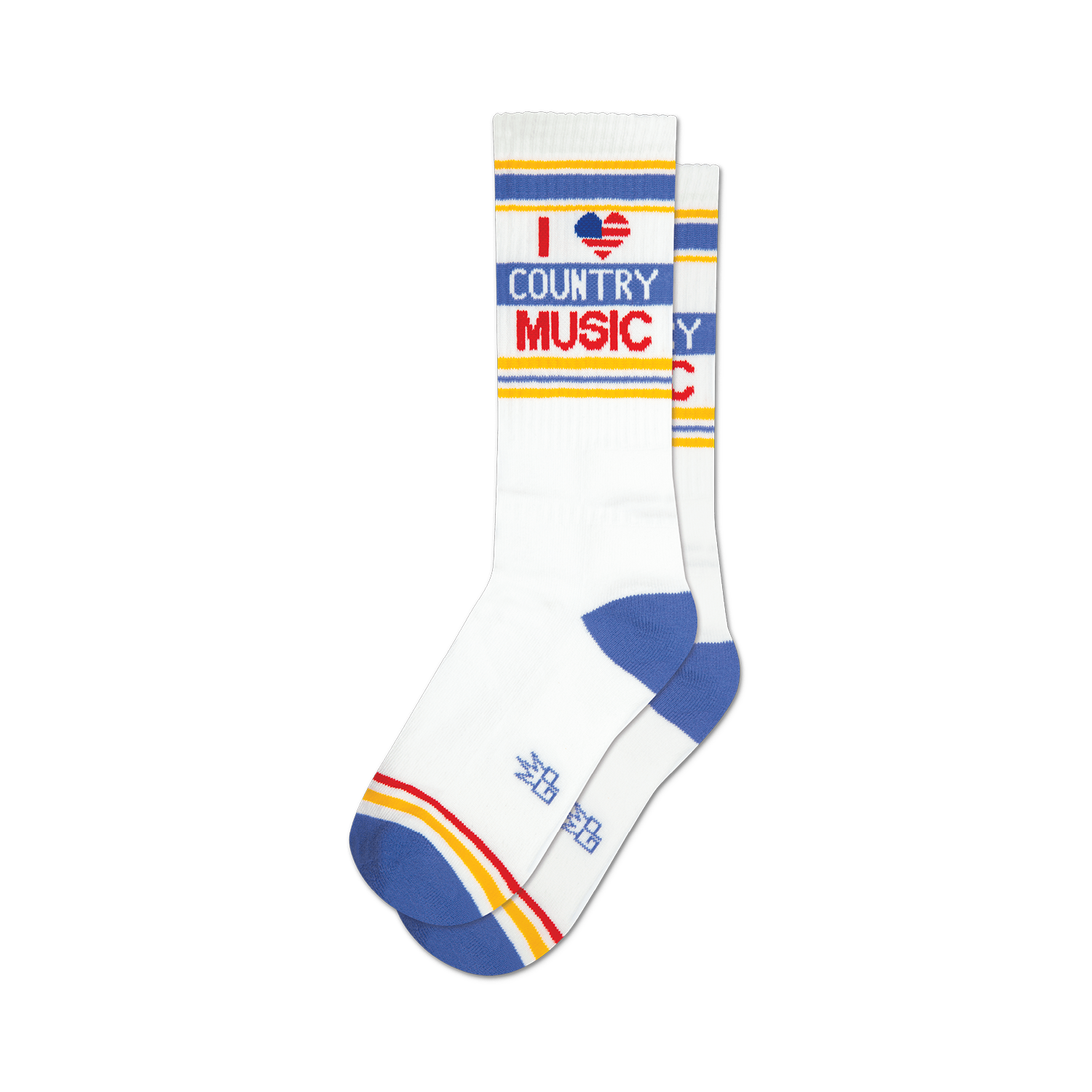 Pair of white crew socks with blue, yellow, and red stripes and an 'I heart country music' graphic. 