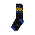Pair of black crew socks with a graphic design.  Features yellow and blue stripes and the text 'I Heart Heavy Metal'.