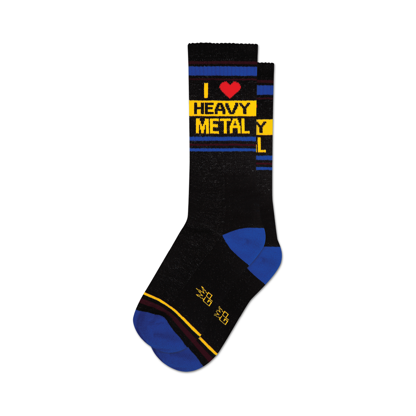Pair of black crew socks with a graphic design.  Features yellow and blue stripes and the text 'I Heart Heavy Metal'.