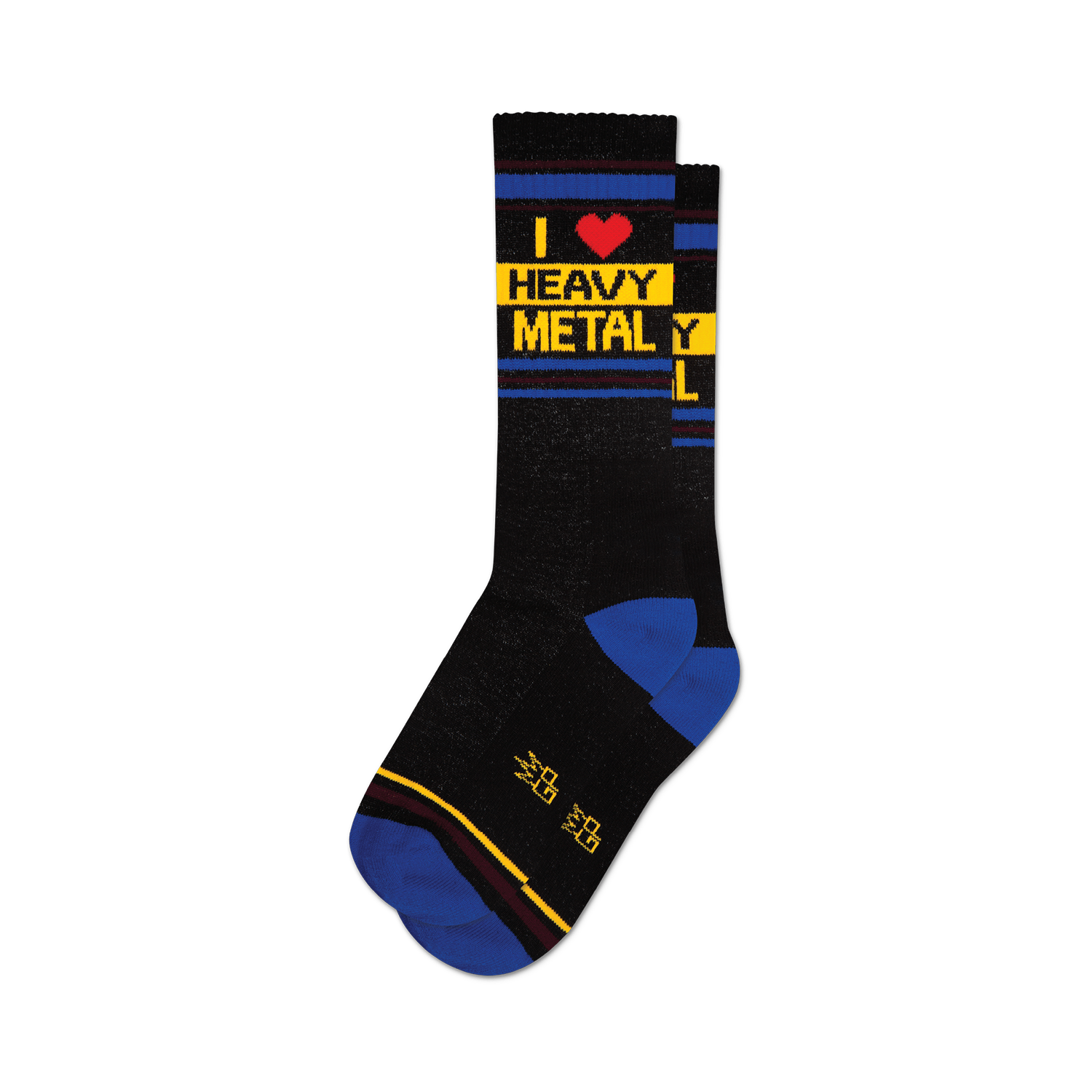 Pair of black crew socks with a graphic design.  Features yellow and blue stripes and the text 'I Heart Heavy Metal'.