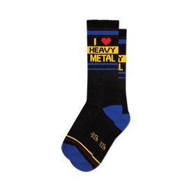 a pair of black socks with yellow and blue stripes at the top. the words 'i heart heavy metal' are written vertically in yellow letters with a red heart in the word 'heart'.