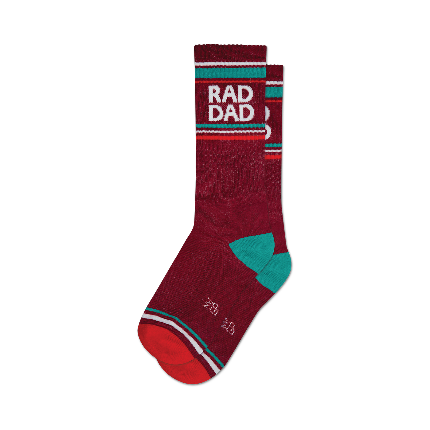 Pair of maroon crew socks with teal accents and a retro-style 'Rad Dad' graphic. 