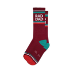 Pair of maroon crew socks with teal accents and a retro-style 'Rad Dad' graphic. 
